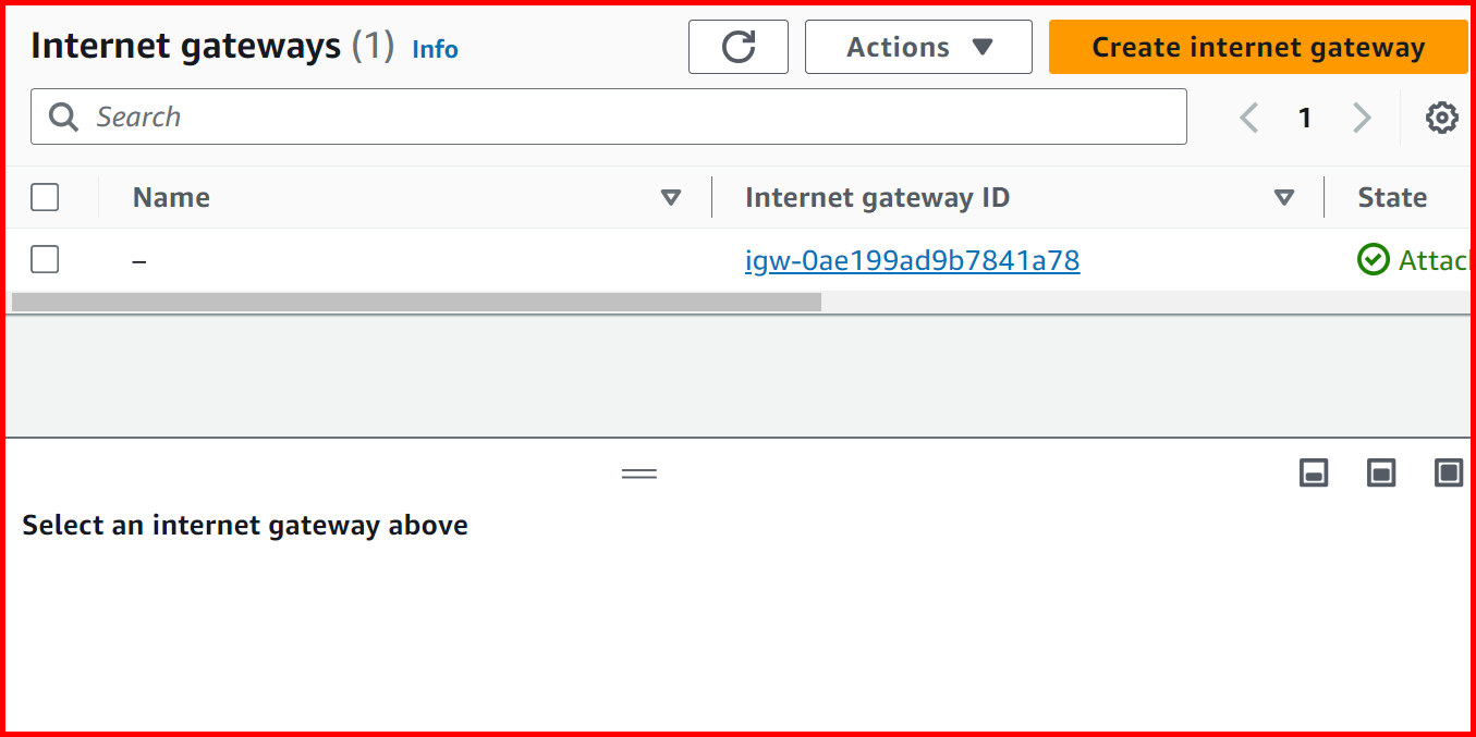 Picture showing the list of internet gateways in AWS console